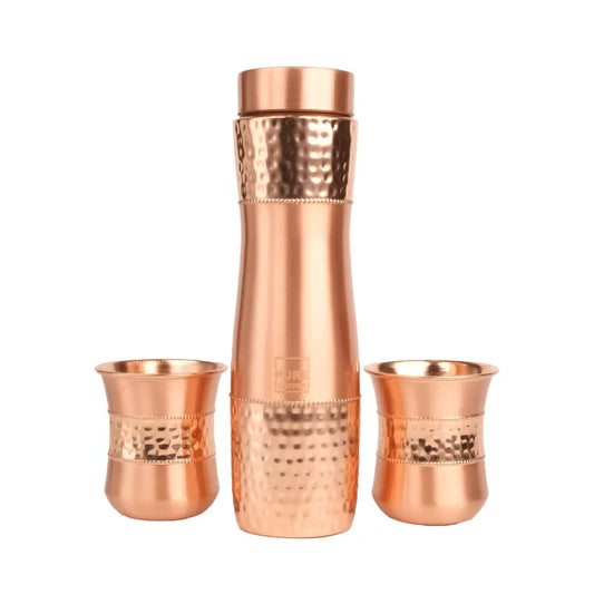 Hammered Copper Bottle with Copper Cap & Glass Set