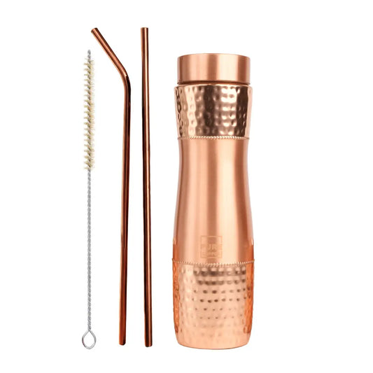 Hammered Copper Bottle with Copper Cap and Straw Set