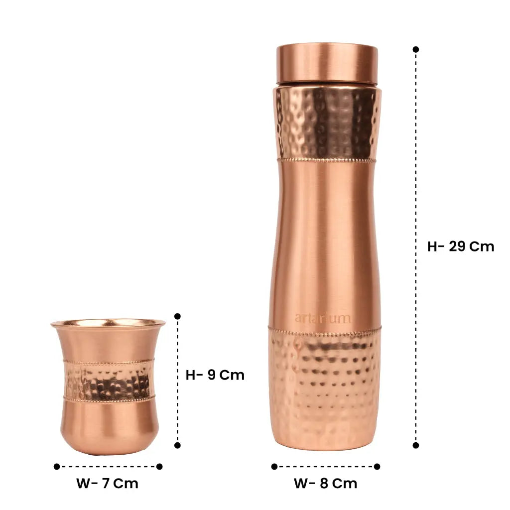 Hammered Copper Bottle with Copper Cap & Glass Set