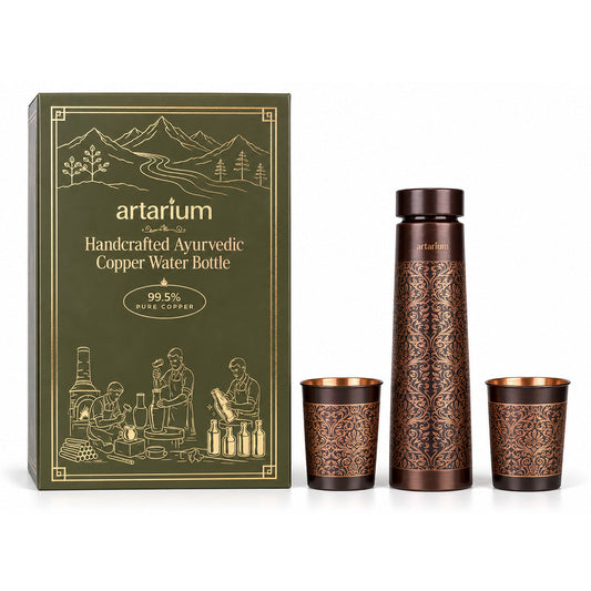 Etching Copper Bottle with Set of Copper Glass with premium packaging