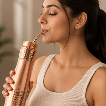 Hammered Copper Bottle with Copper Cap and Straw Set
