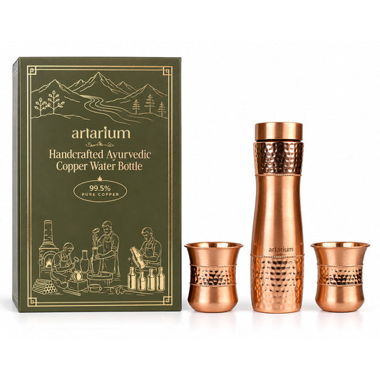 Hammered Copper Bottle with Copper Cap & Glass Set with Premium Packaging