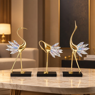 Blue Crystal Crane Brass Sculpture