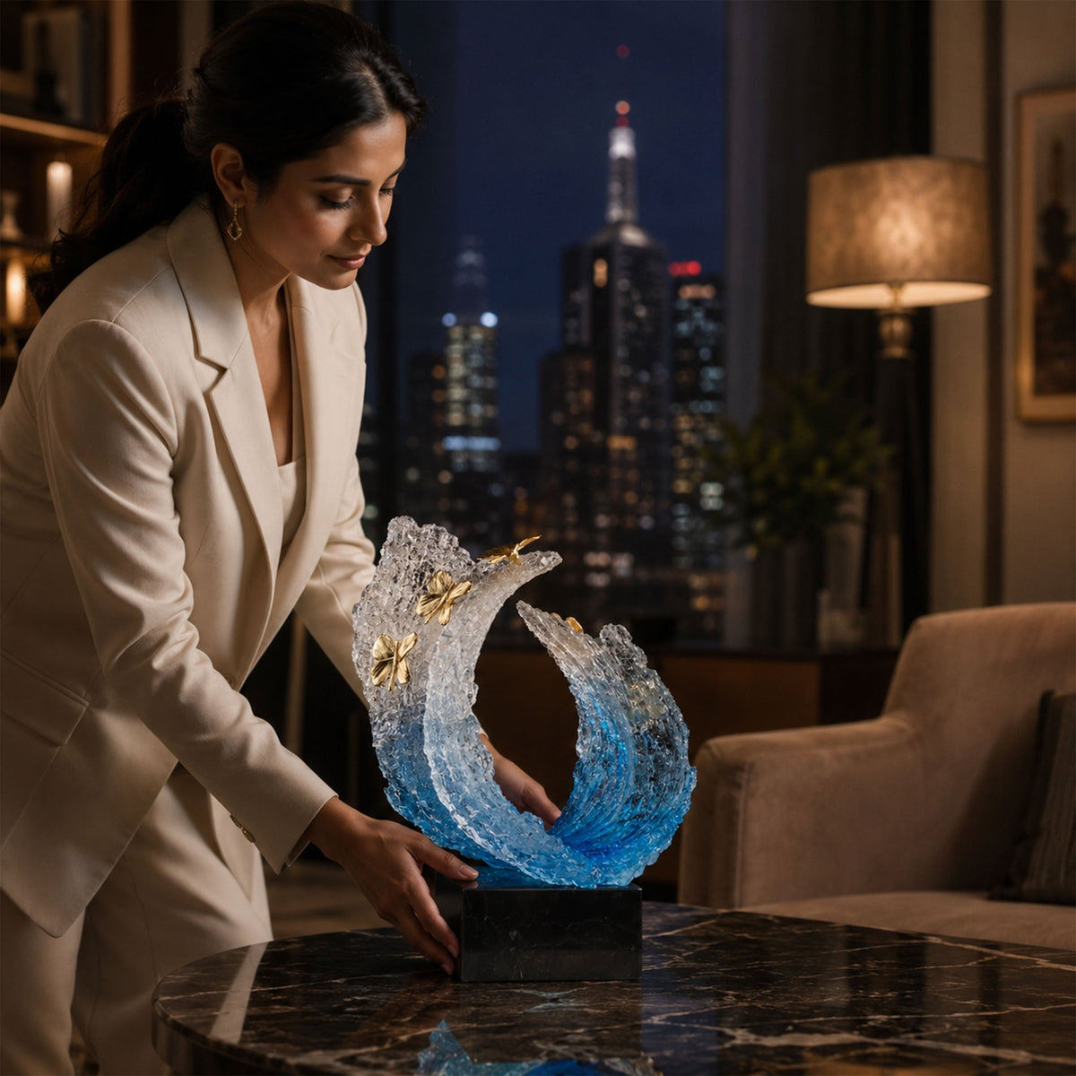 Blue Sea Wave with Golden Butterflies Sculpture 
