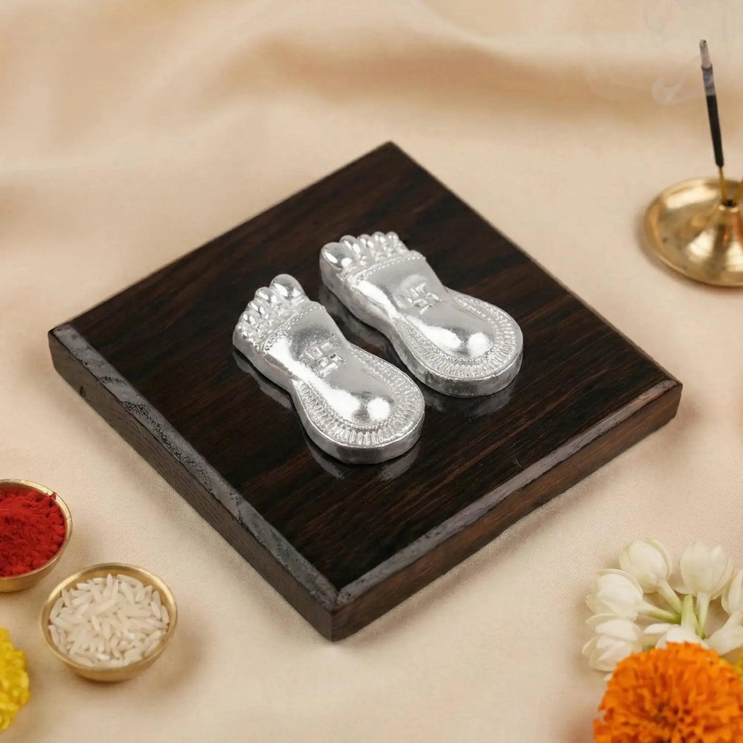 Silver Plated Laxmi Charan Paduka with Wooden Base