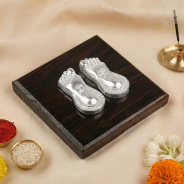 Silver Plated Laxmi Charan Paduka with Wooden Base