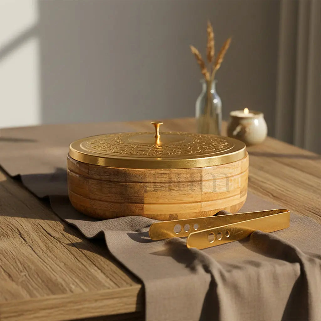 Wooden Roti Box with Brass Lid & Tongs