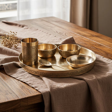Handcrafted Etching brass thali - set of 6