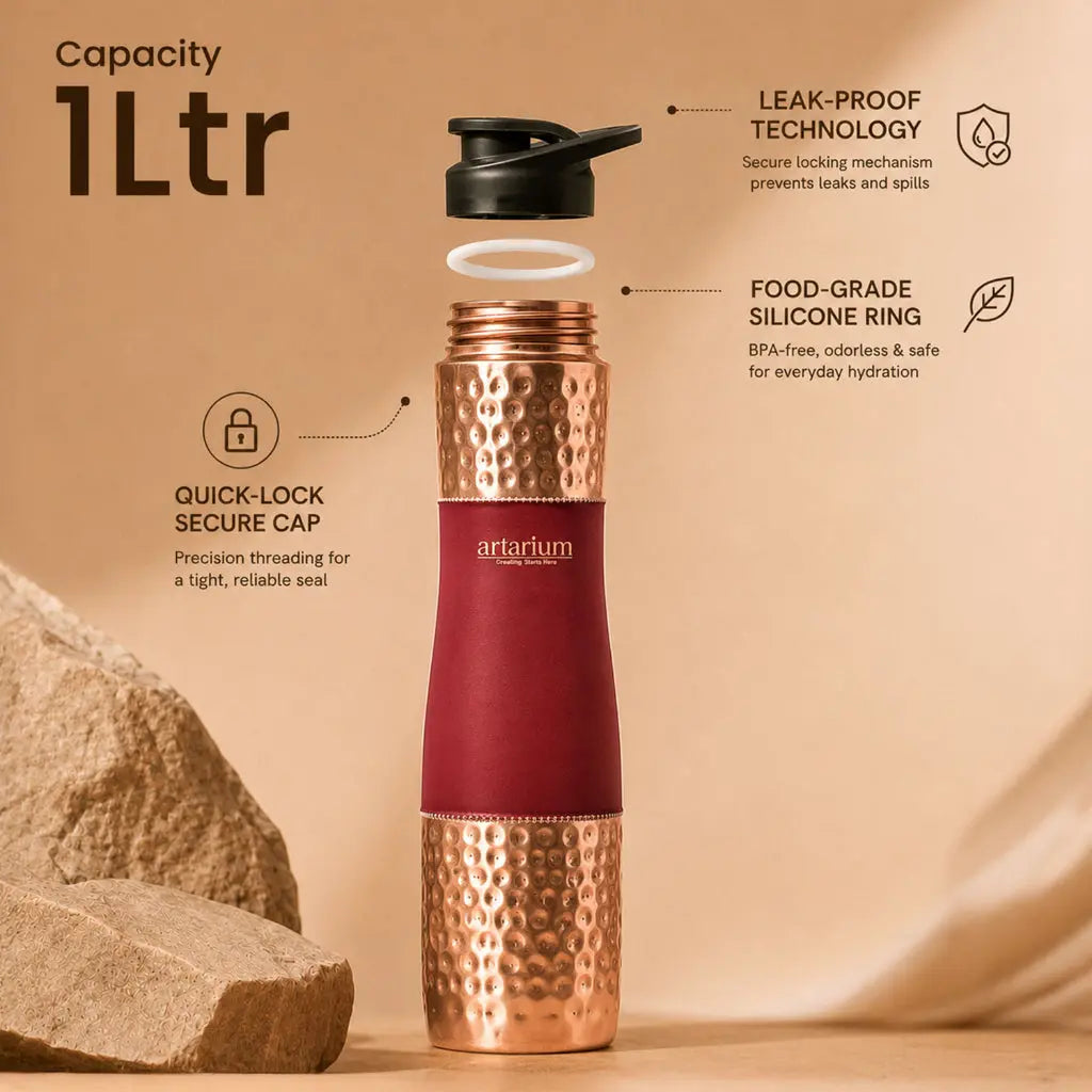 Hammered Copper Sipper Bottle with Cleaning Brush