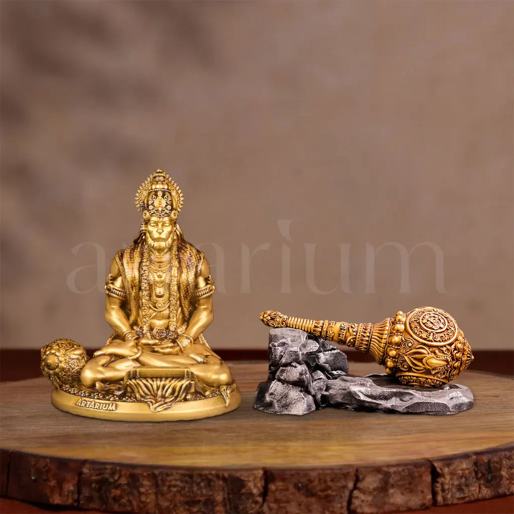 Meditating Hanuman Statue & Gada Idols Set