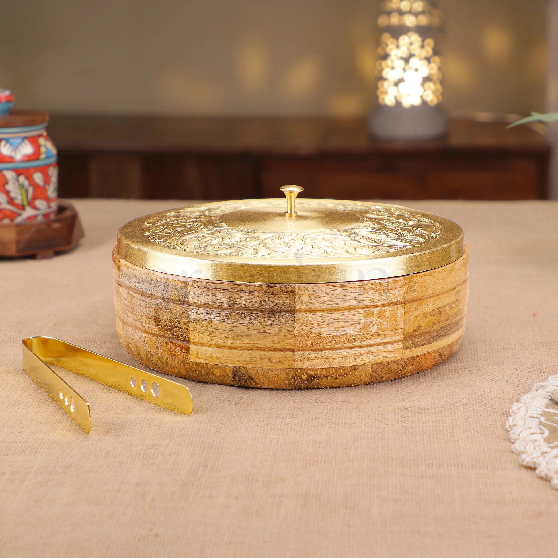 Wooden Roti Box with Brass Lid & Tongs theartarium