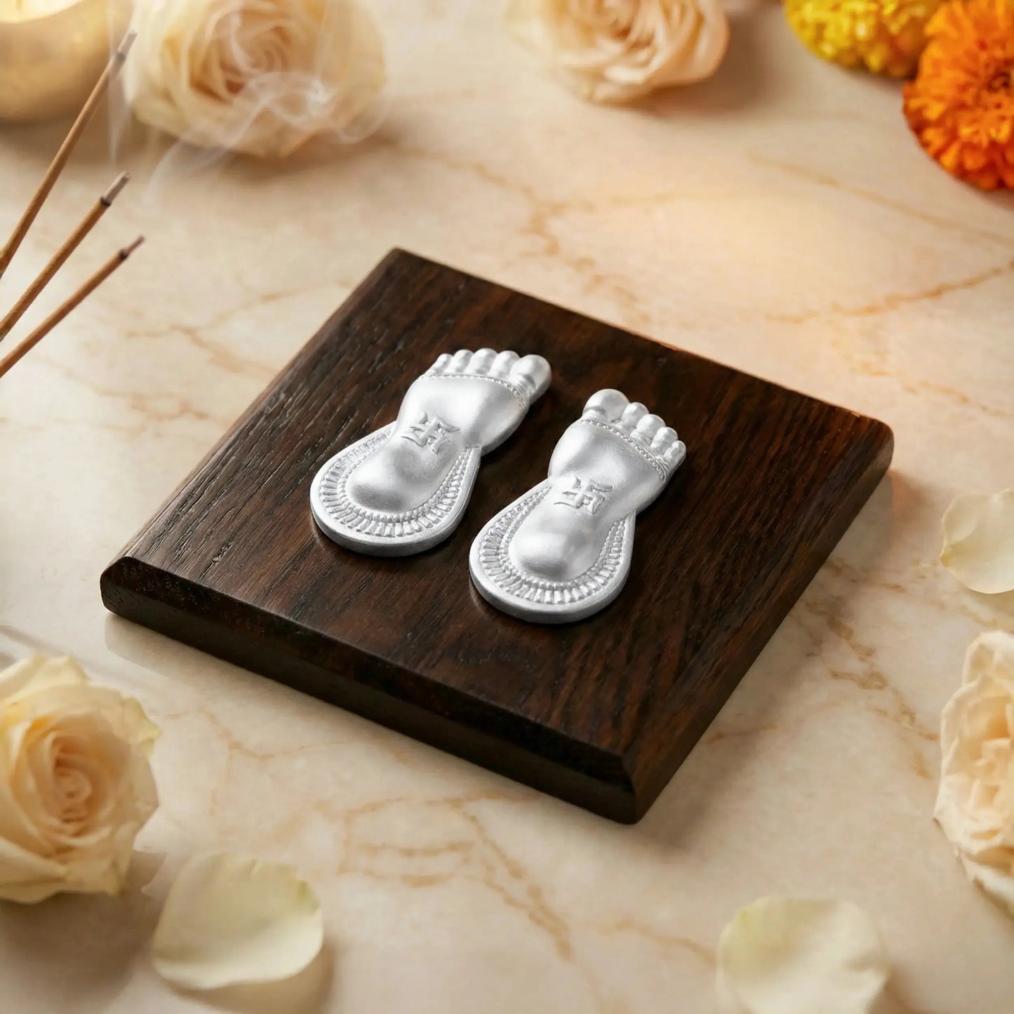 Laxmi Charan Paduka with Wooden Base 999 Silver Artarium