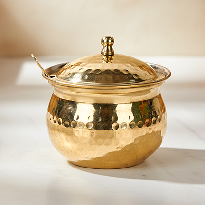 Brass Hammered Ghee Pot with Spoon & Lid