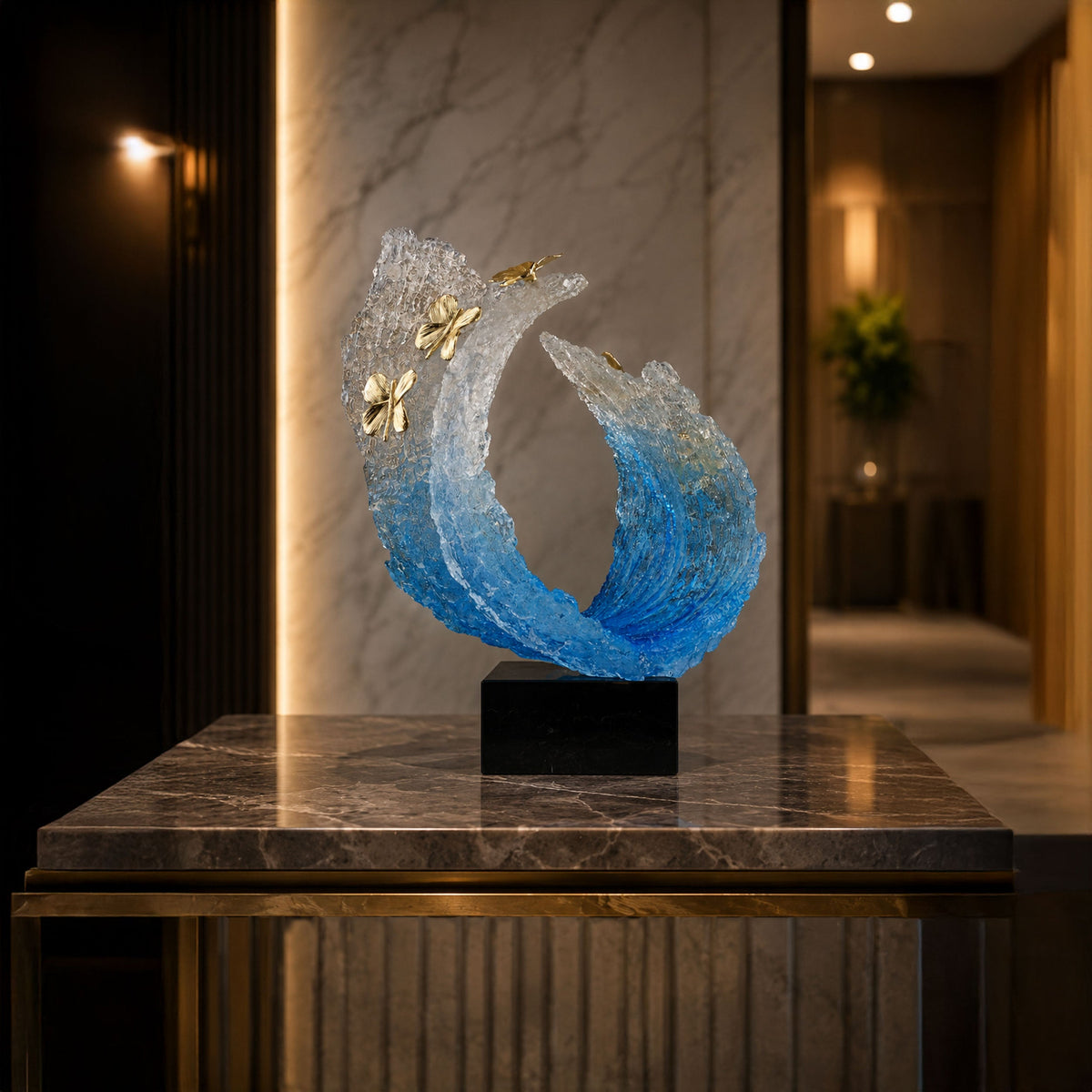 Blue Sea Wave with Golden Butterflies Sculpture 
