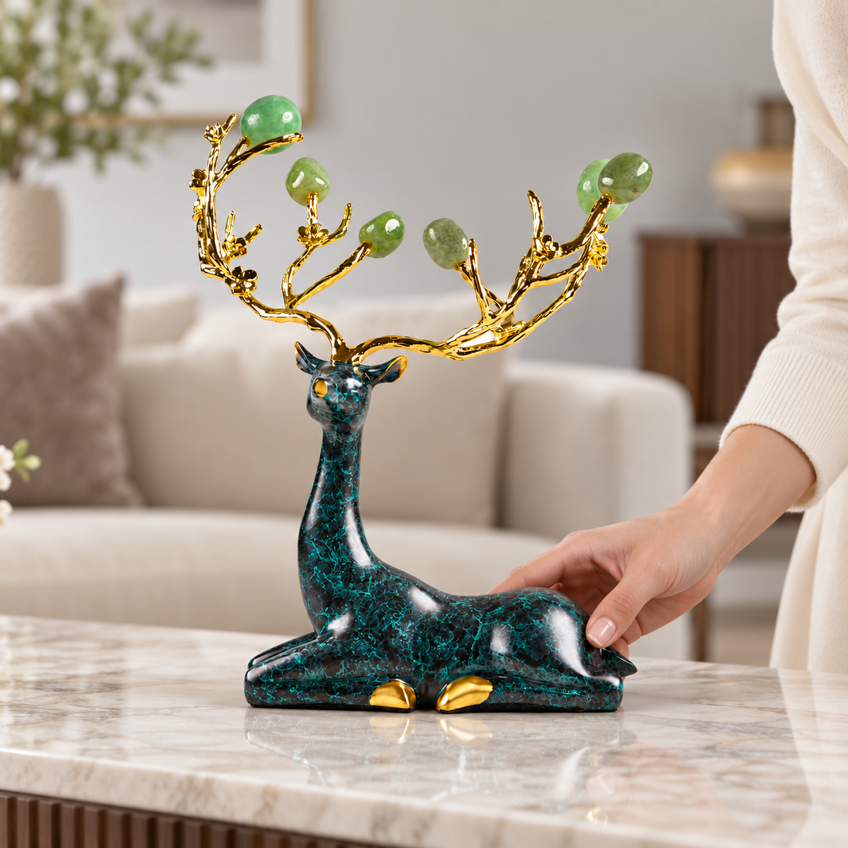 Zinc Alloy with Agate Horn Brass Deer Sculpture 