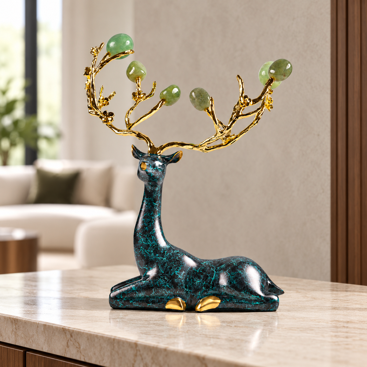 Zinc Alloy with Agate Horn Brass Deer Sculpture 