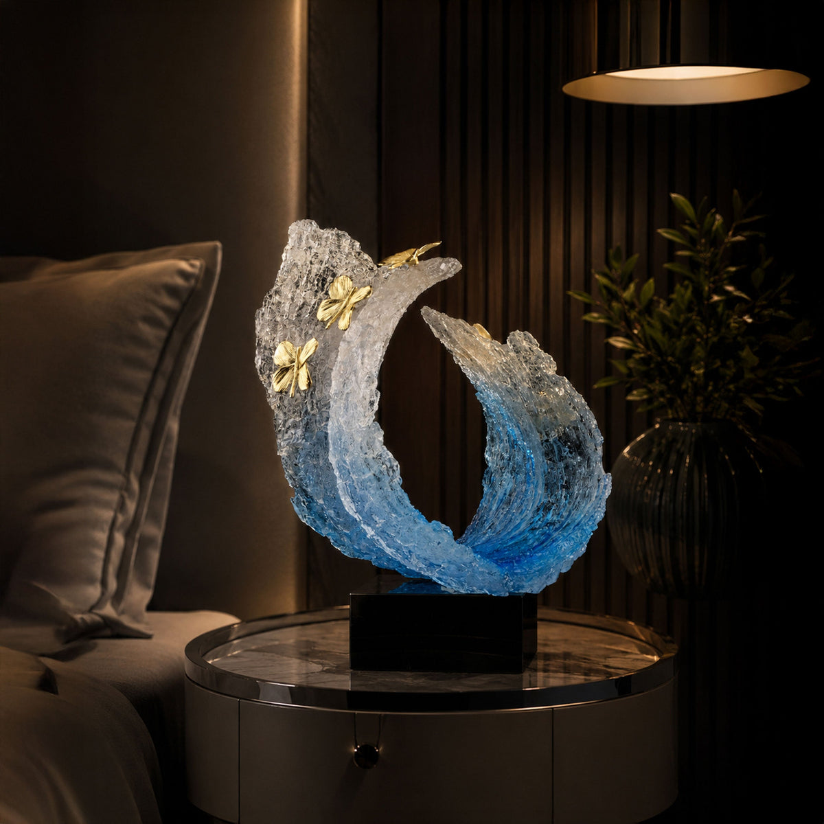 Blue Sea Wave with Golden Butterflies Sculpture 