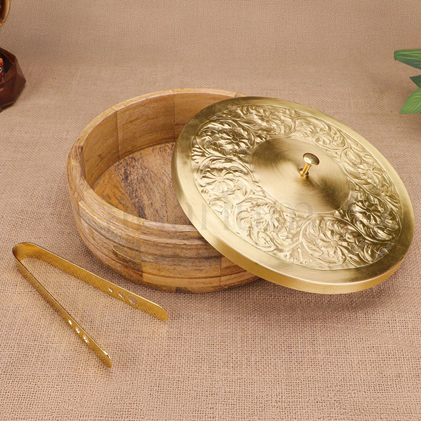 Wooden Roti Box with Brass Lid & Tongs theartarium
