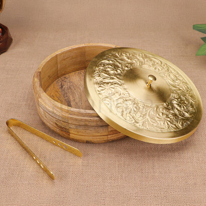 Wooden Roti Box with Brass Lid & Tongs theartarium