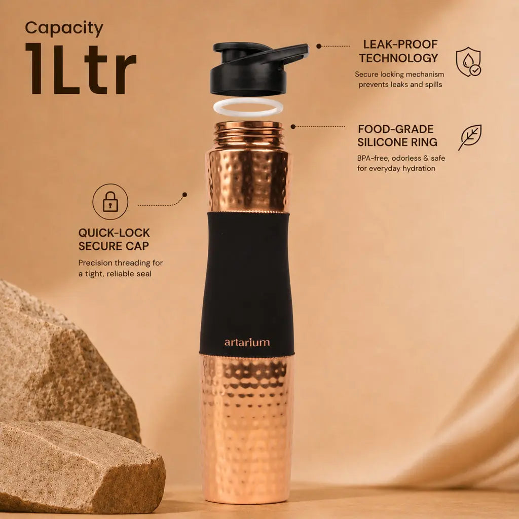 Hammered Copper Sipper Bottle with Cleaning Brush