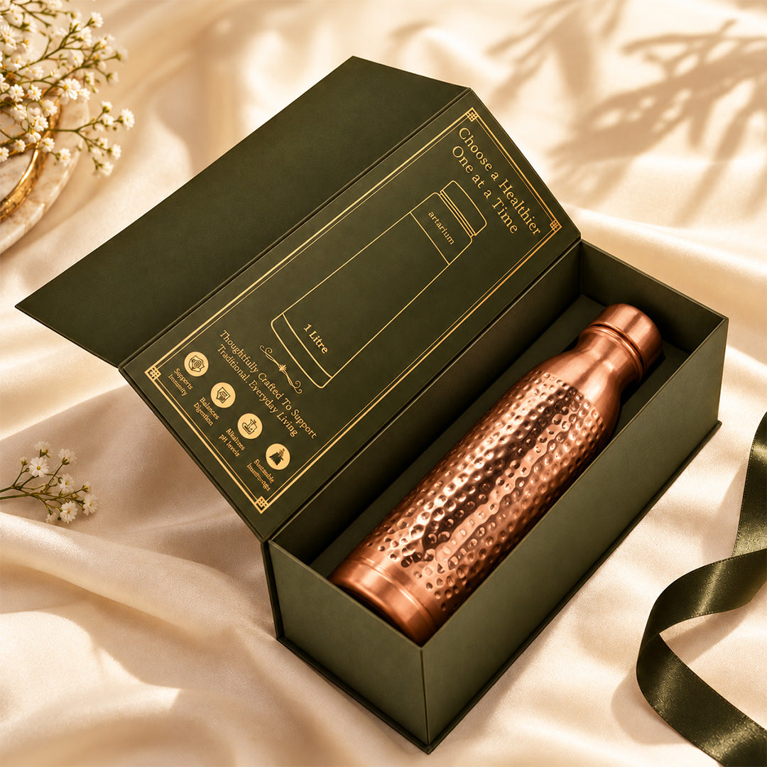 Ayurveda-Inspired Hammered Copper Bottle with Premium Packaging 