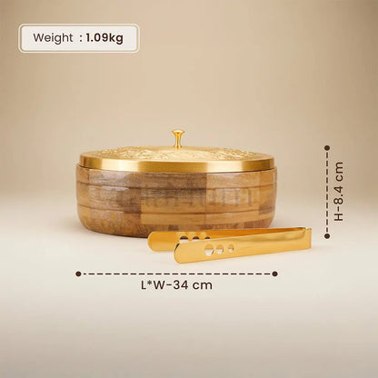 Wooden Roti Box with Brass Lid & Tongs