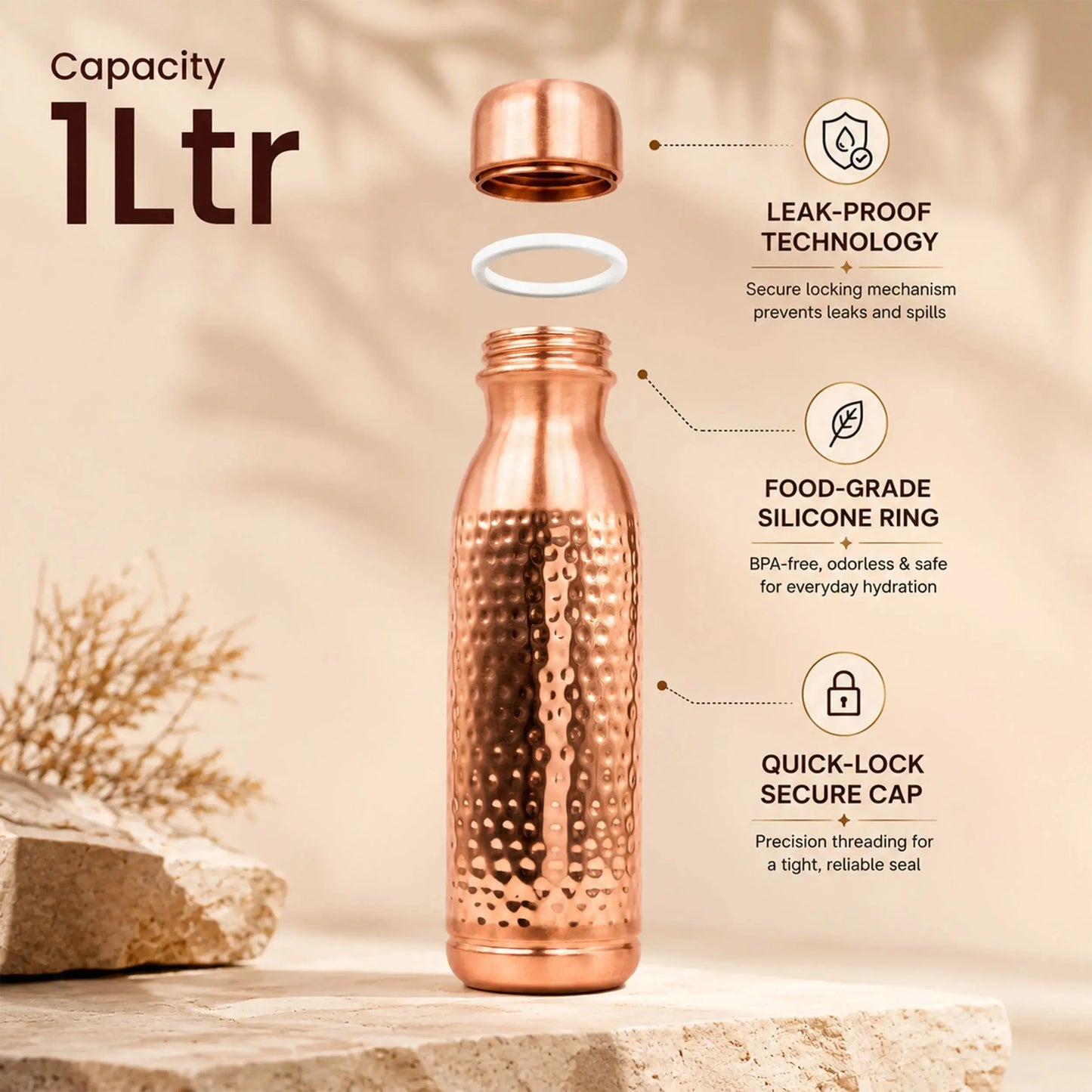 Ayurveda-Inspired Hammered Copper Bottle
