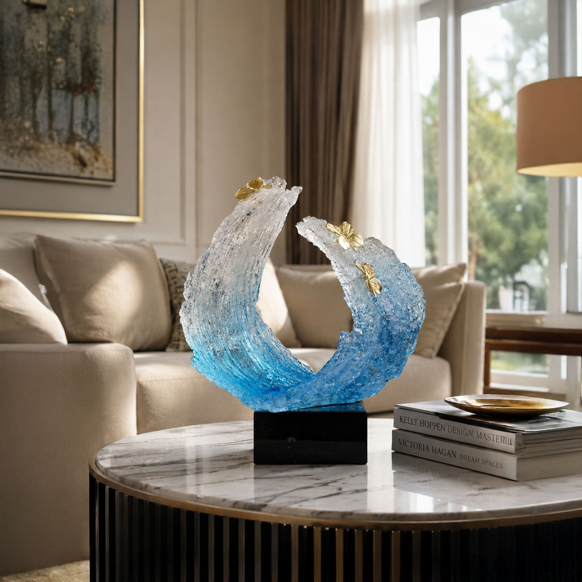 Blue Sea Wave with Golden Butterflies Sculpture 