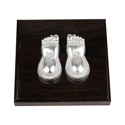 Silver Plated Laxmi Charan Paduka with Wooden Base