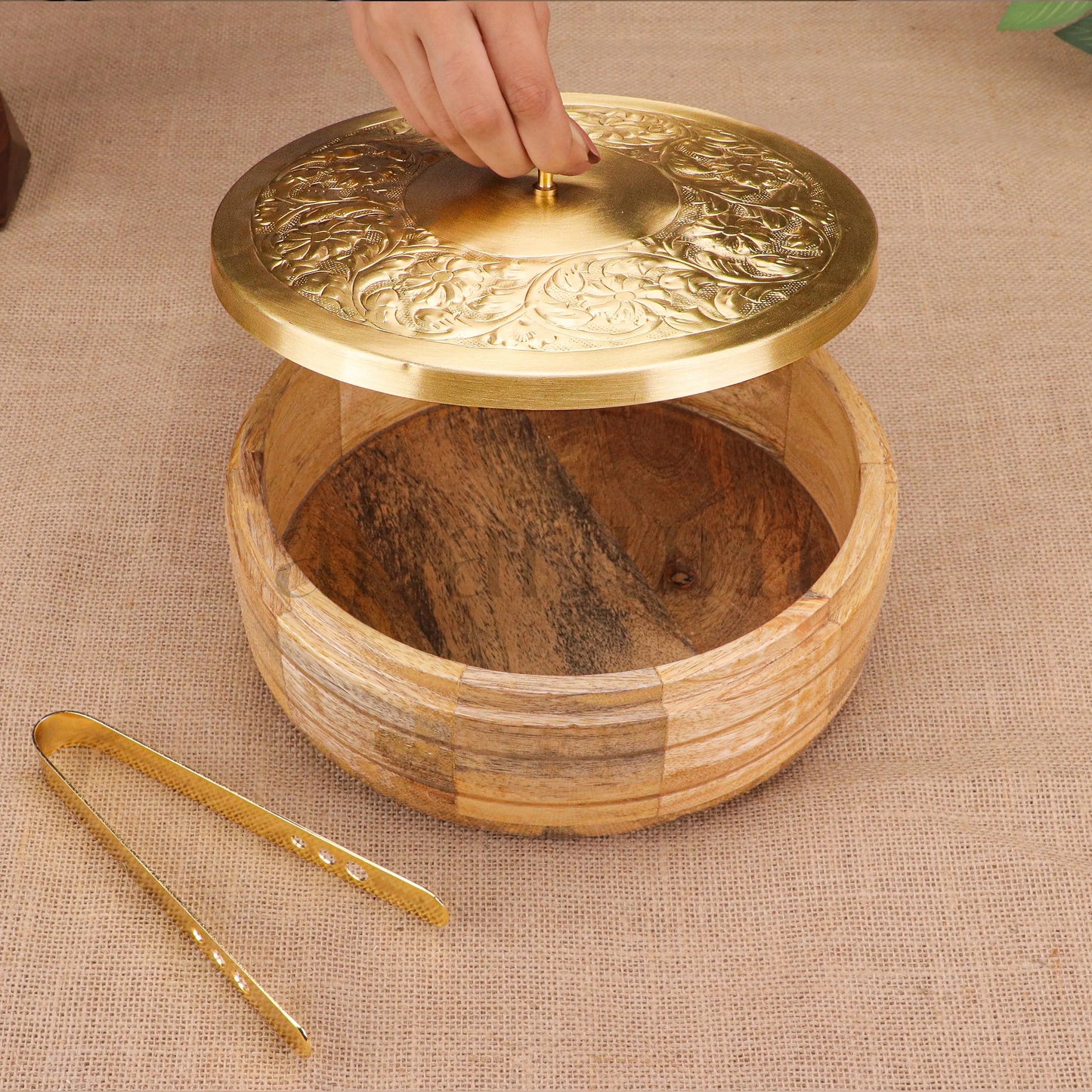 Wooden Roti Box with Brass Lid & Tongs theartarium