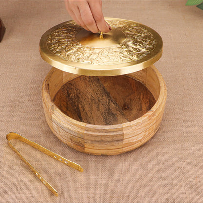 Wooden Roti Box with Brass Lid & Tongs theartarium