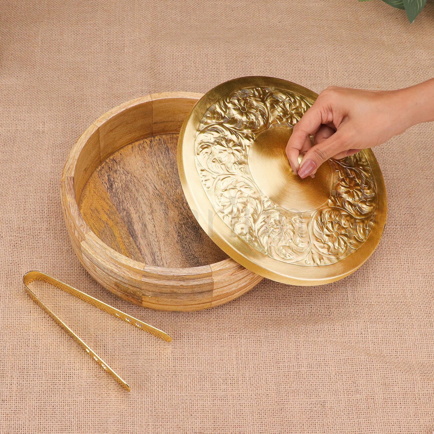 Wooden Roti Box with Brass Lid & Tongs theartarium