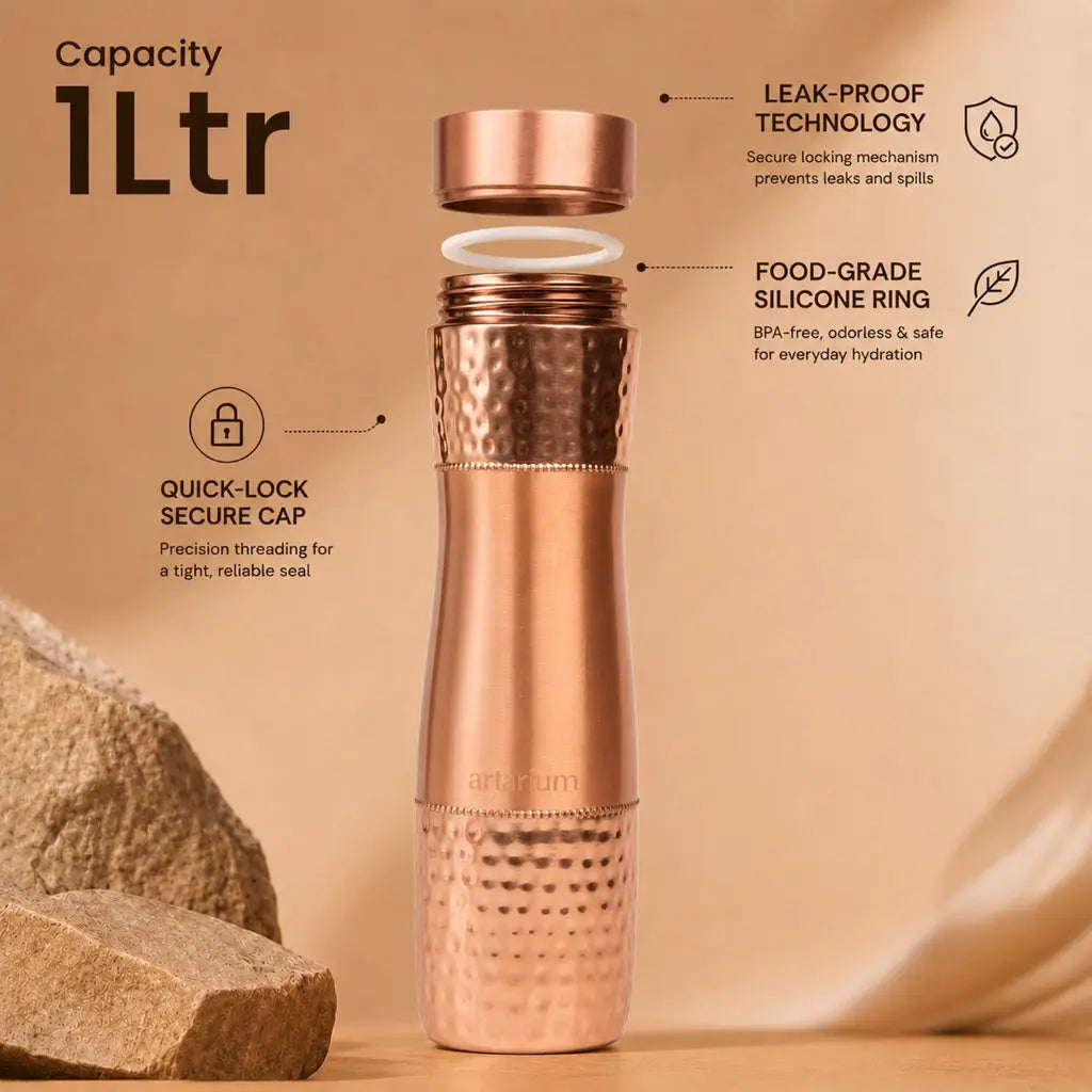 Hammered Copper Bottle with Copper Cap and Straw Set