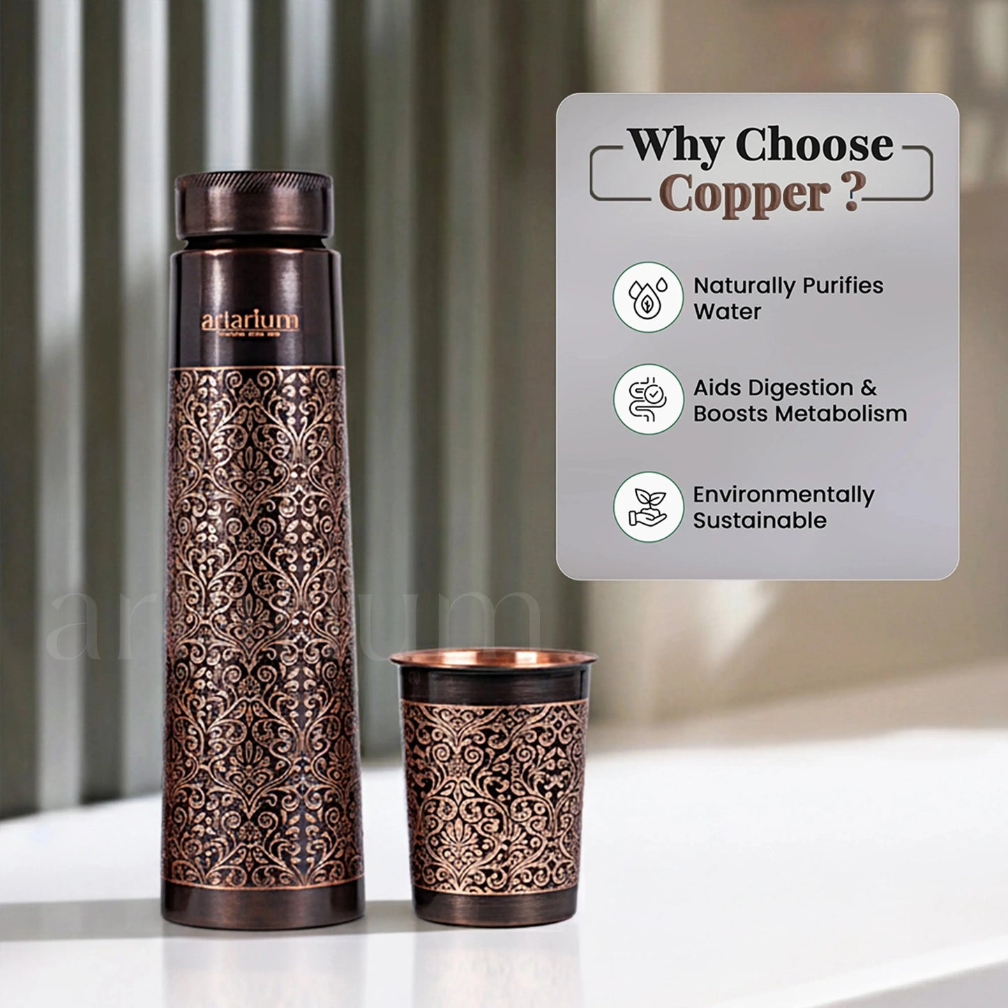 Antique Etching Copper Bottle with Cups Artarium