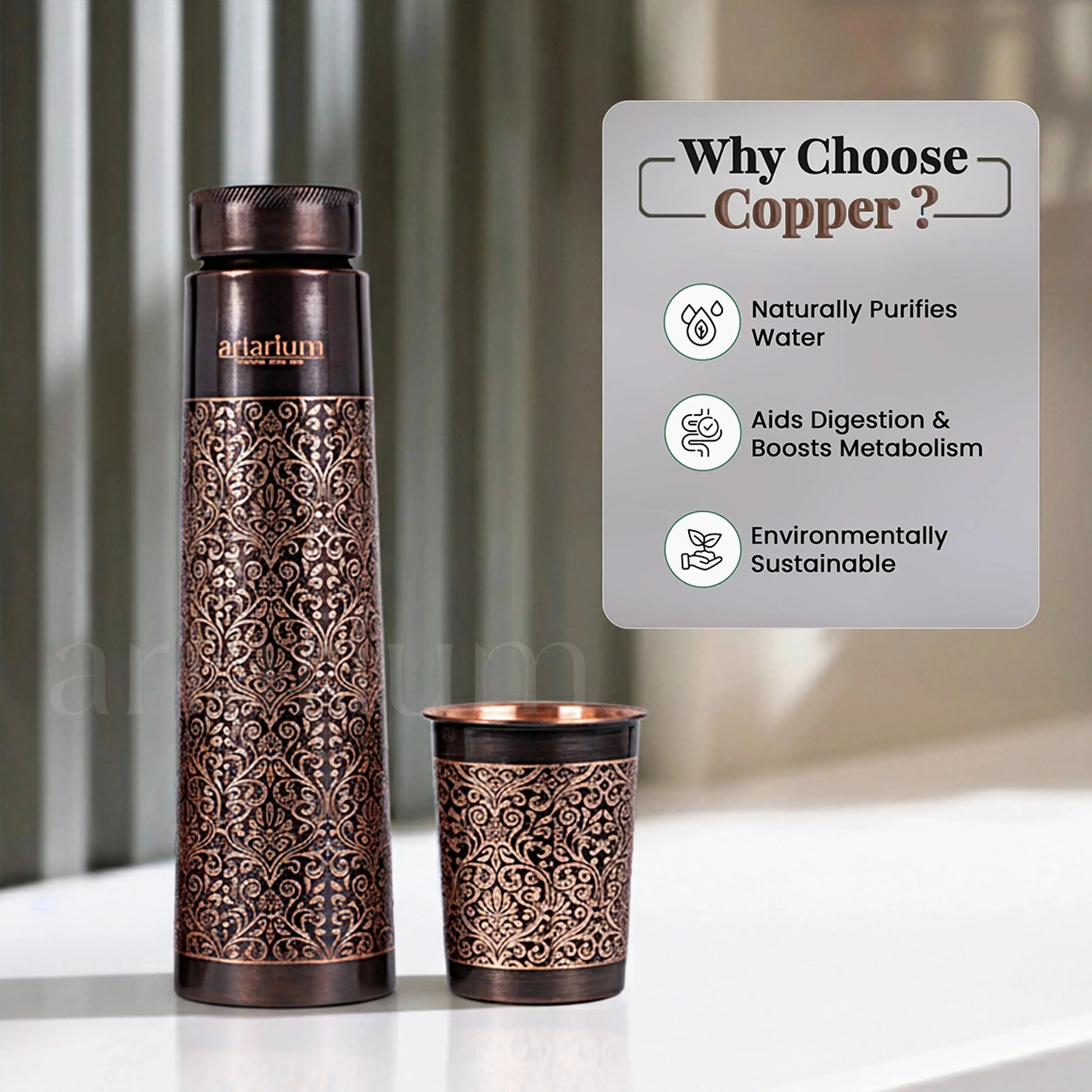 Antique Etching Copper Bottle with Cups Artarium