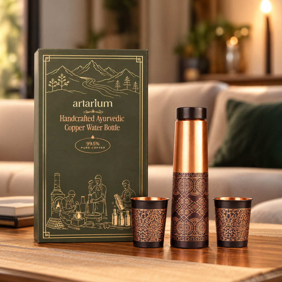 Dual Finish Copper Bottle with cups with premium packaging 