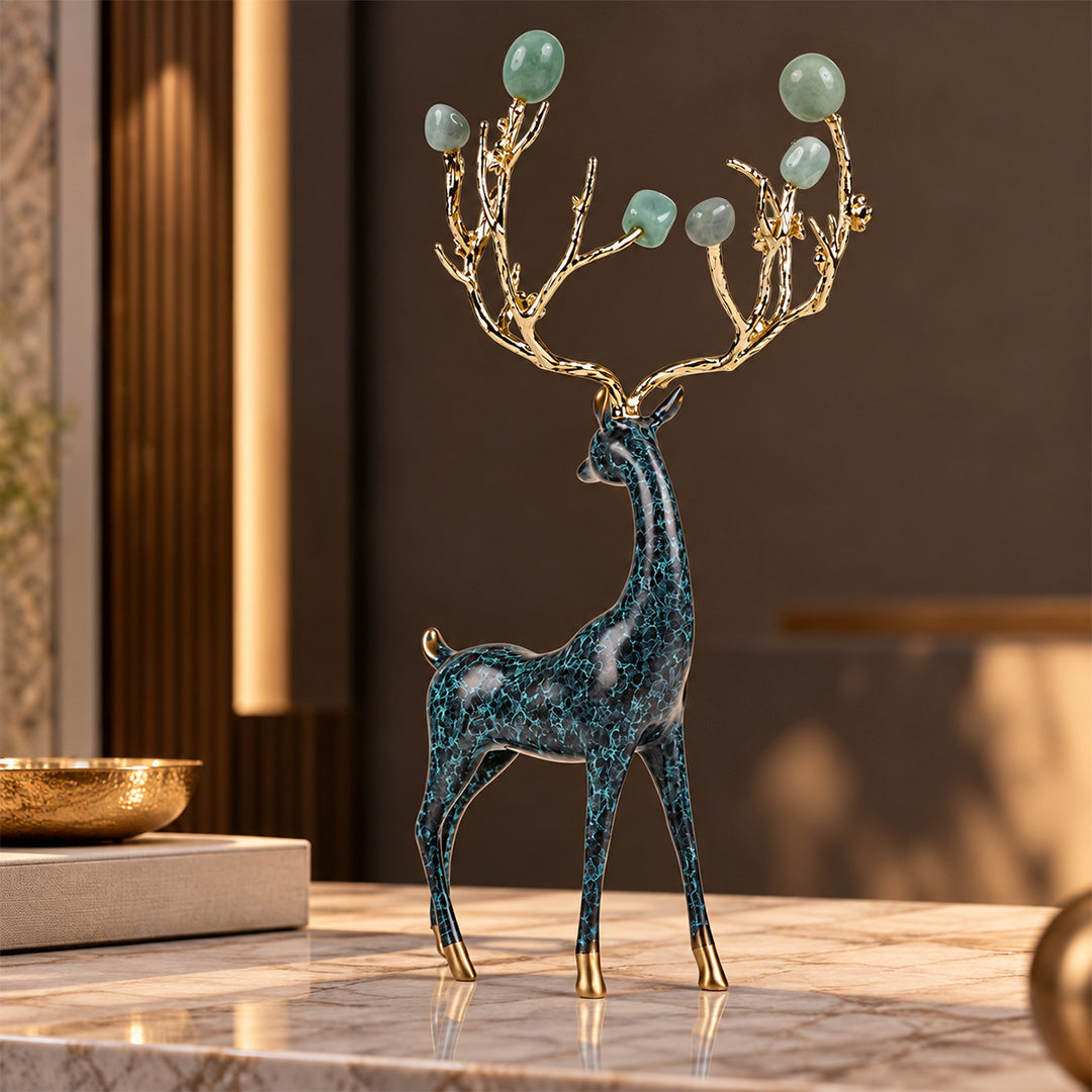 Zinc Alloy with Agate Horn Brass Deer Sculpture 