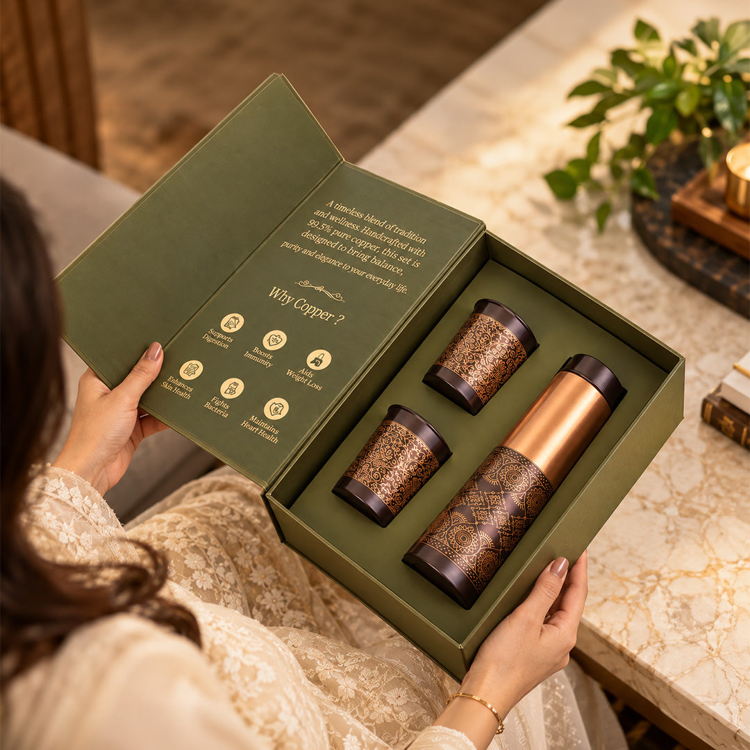Dual Finish Copper Bottle with cups with premium packaging 