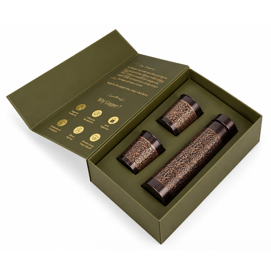 Etching Copper Bottle with Set of Copper Glass with premium packaging 