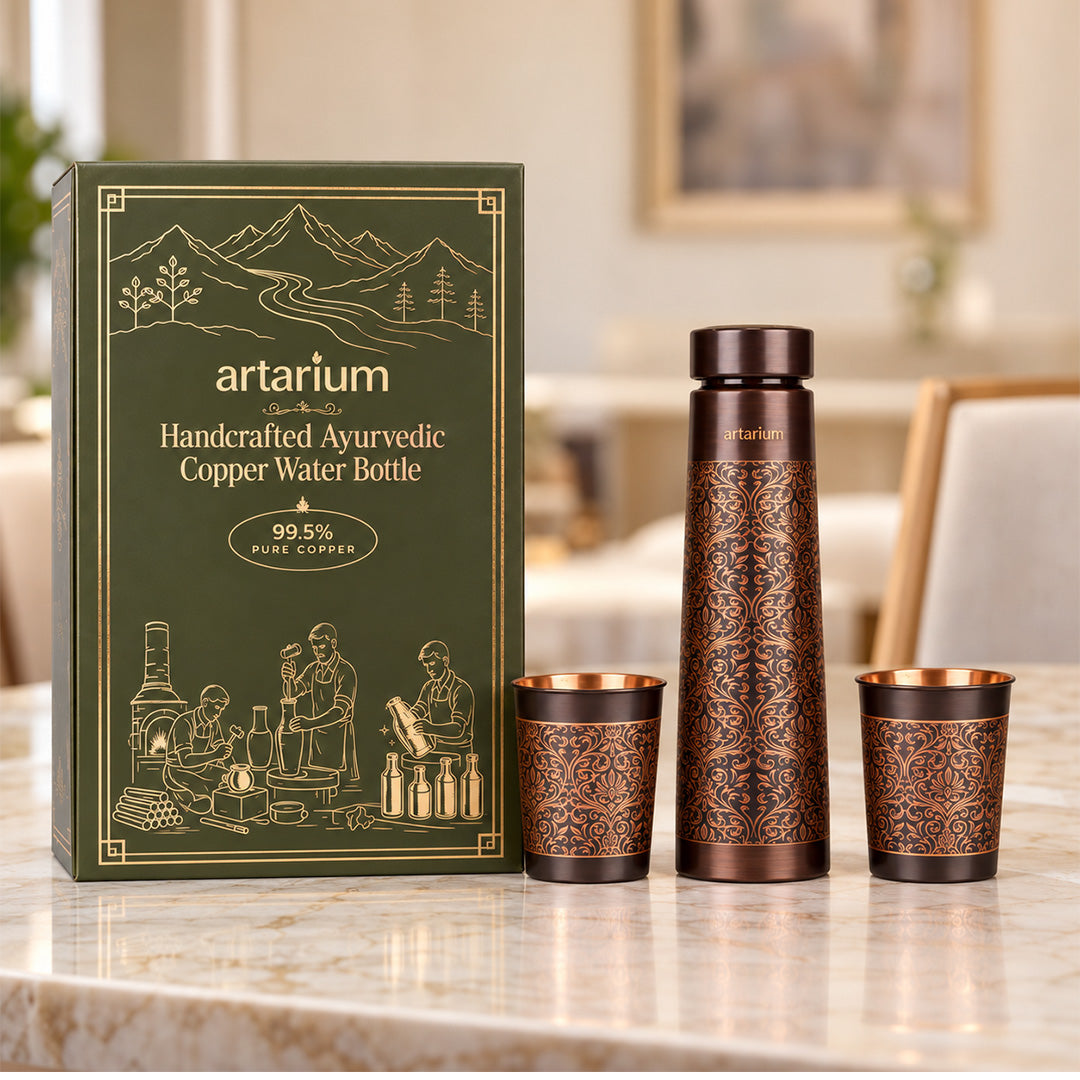 Etching Copper Bottle with Set of Copper Glass with premium packaging 