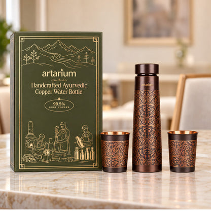 Etching Copper Bottle with Set of Copper Glass with premium packaging 