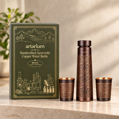 Etching Copper Bottle with Set of Copper Glass with premium packaging 