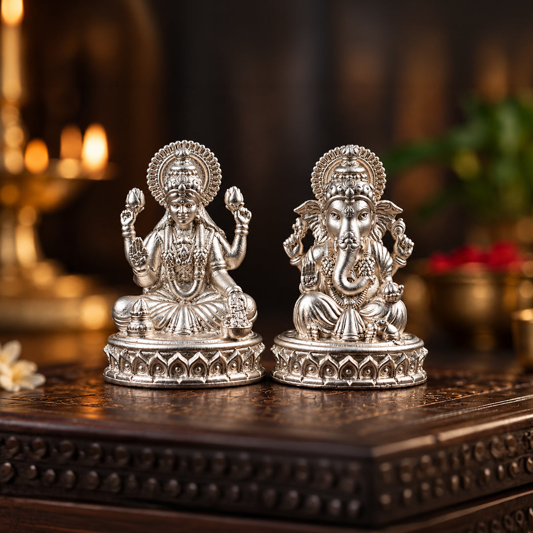 Laxmi Ganesh Pure Silver Idol (Hollow) with Acrylic Box 