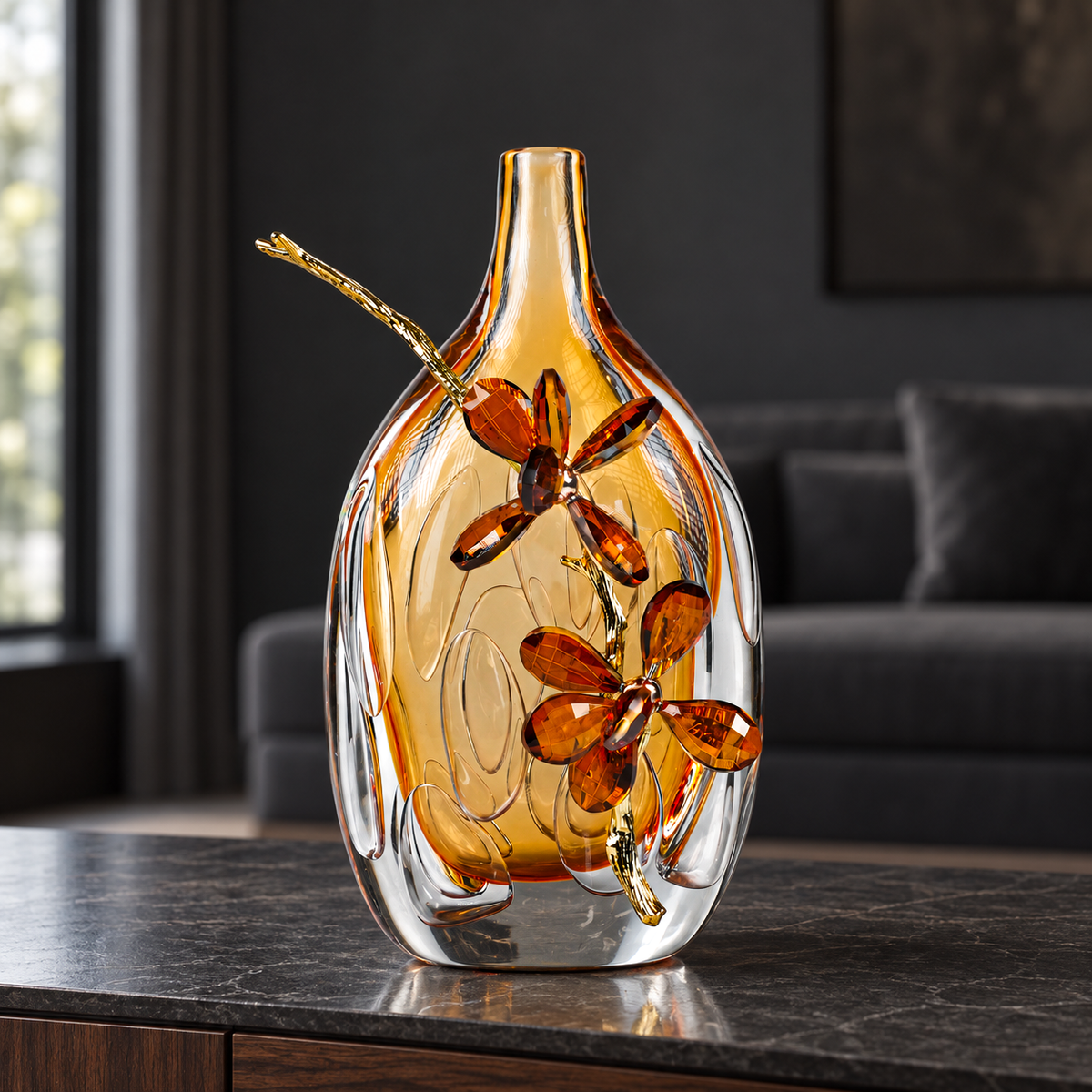 Crystal Flora Doré Alloy Petal Glass Vase 