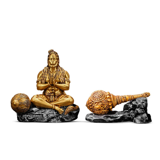Meditating Hanuman Statue & Gada Idols Set