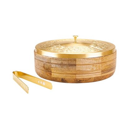 Wooden Roti Box with Brass Lid & Tongs