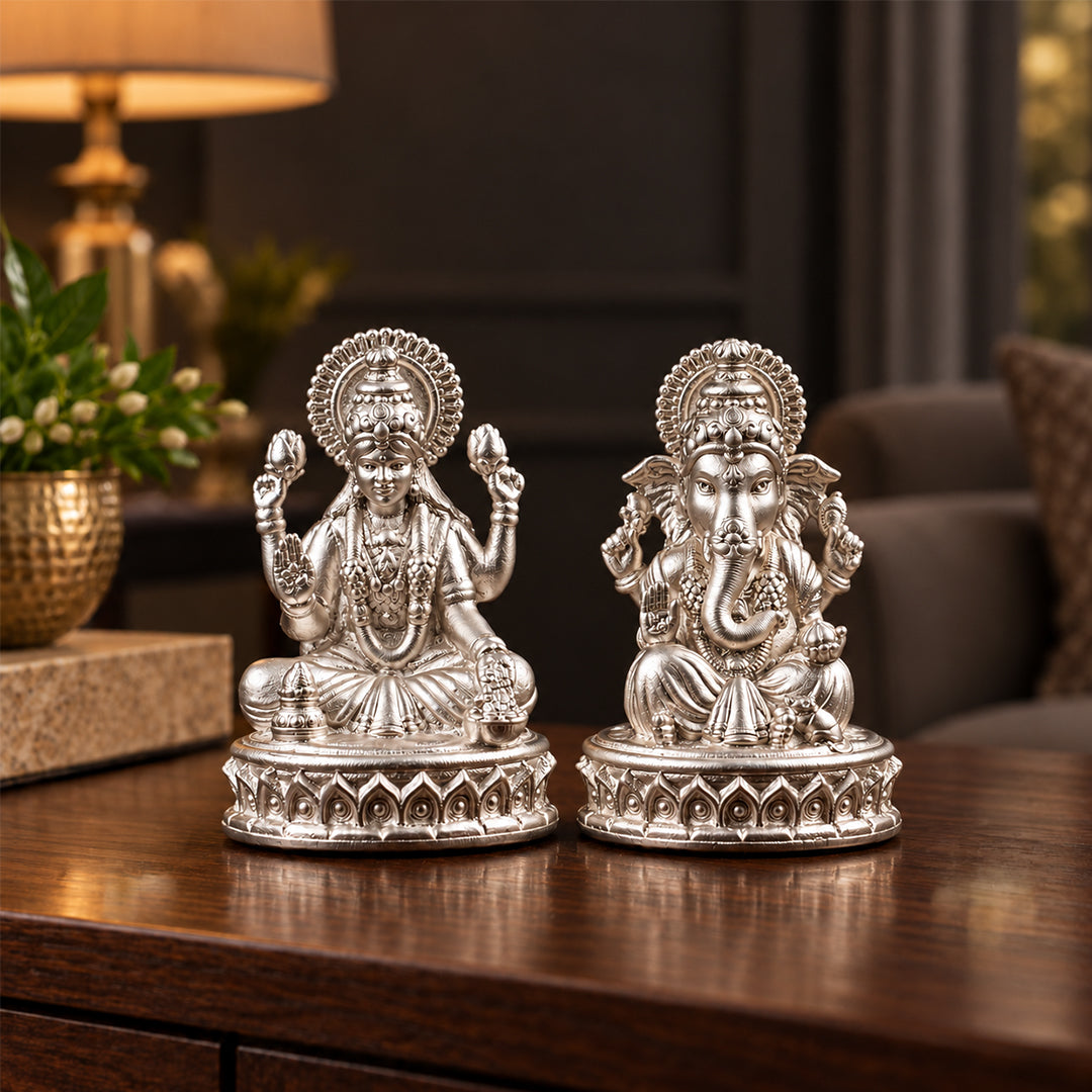 Shubh Lakshmi Ganesh Pure Silver Idol Set (Hollow) with Premium Packaging 