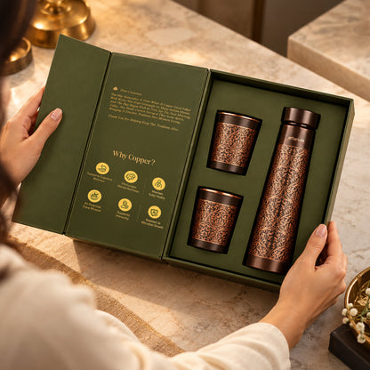 Etching Copper Bottle with Set of Copper Glass with premium packaging 