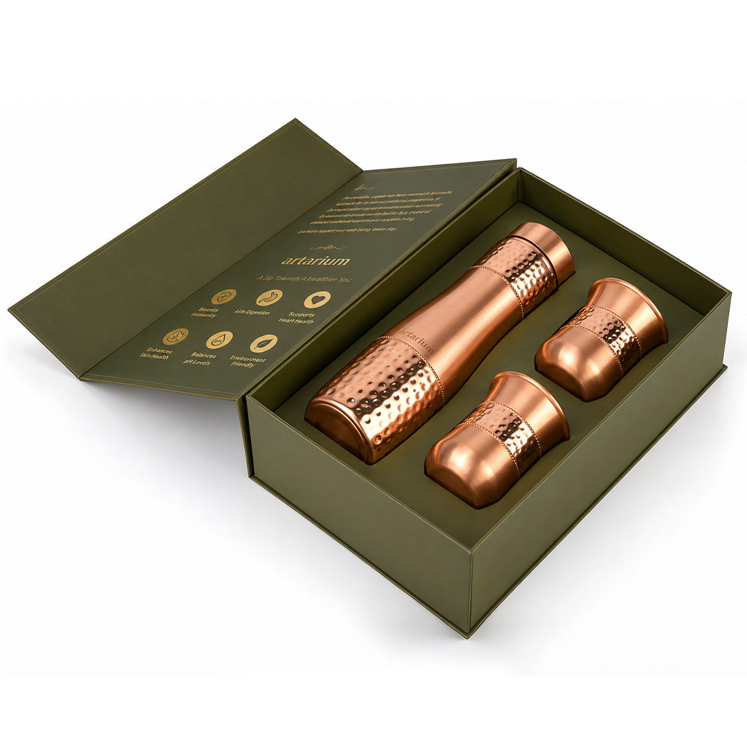 Hammered Copper Bottle with Copper Cap & Glass Set with Premium Packaging 