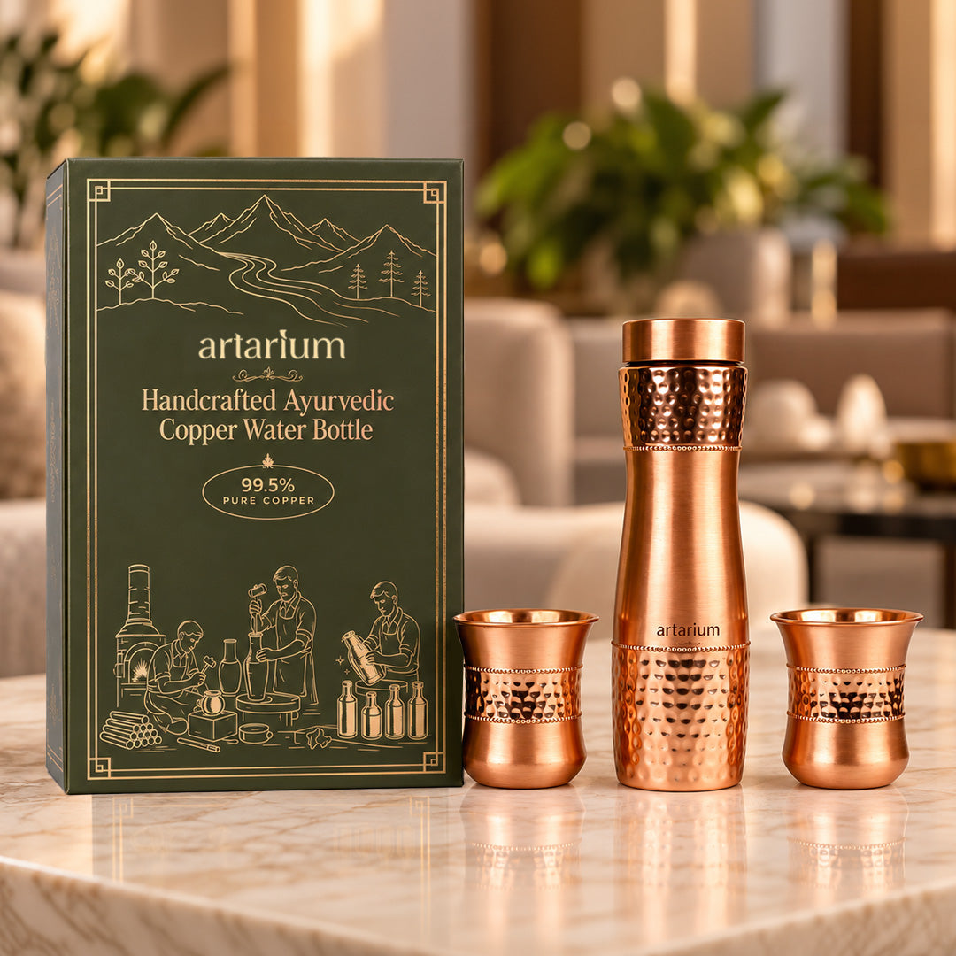 Hammered Copper Bottle with Copper Cap & Glass Set with Premium Packaging 